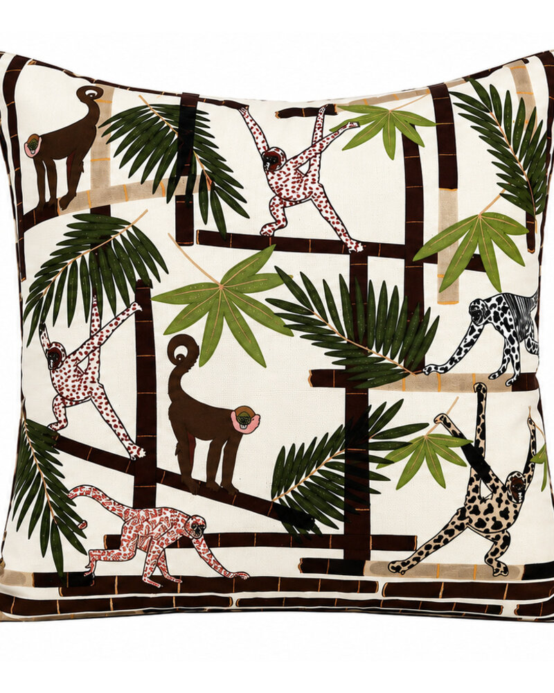 SILK QUILTED PILLOW: MONKEYS: IVORY 21"X21"
