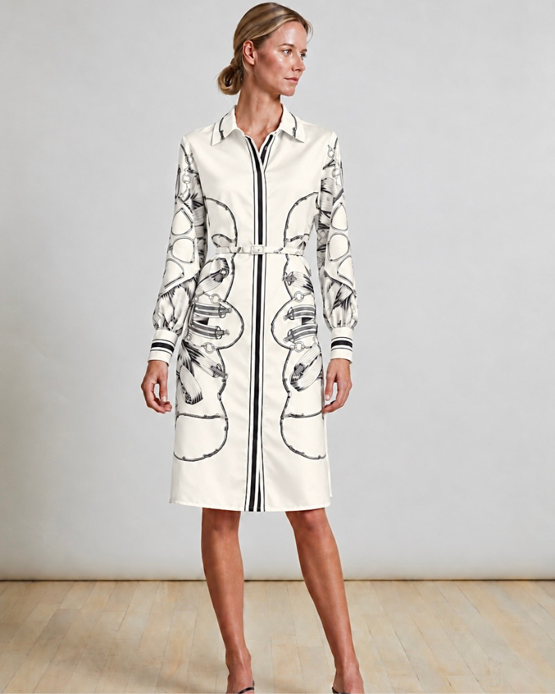 LONG SLEEVES SILK DRESS: SADDLE MANDALA: IVORY