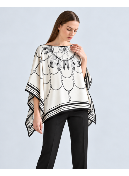 CASHMERE PRINTED PONCHO: SADDLE MANDALA: IVORY