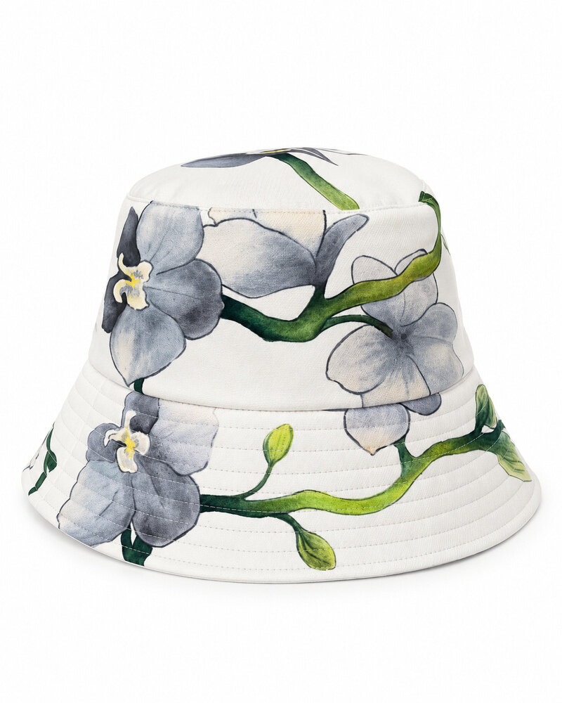 PRINTED COTTON  BUCKET HAT: BUTTERFLY ORCHID: SILVER