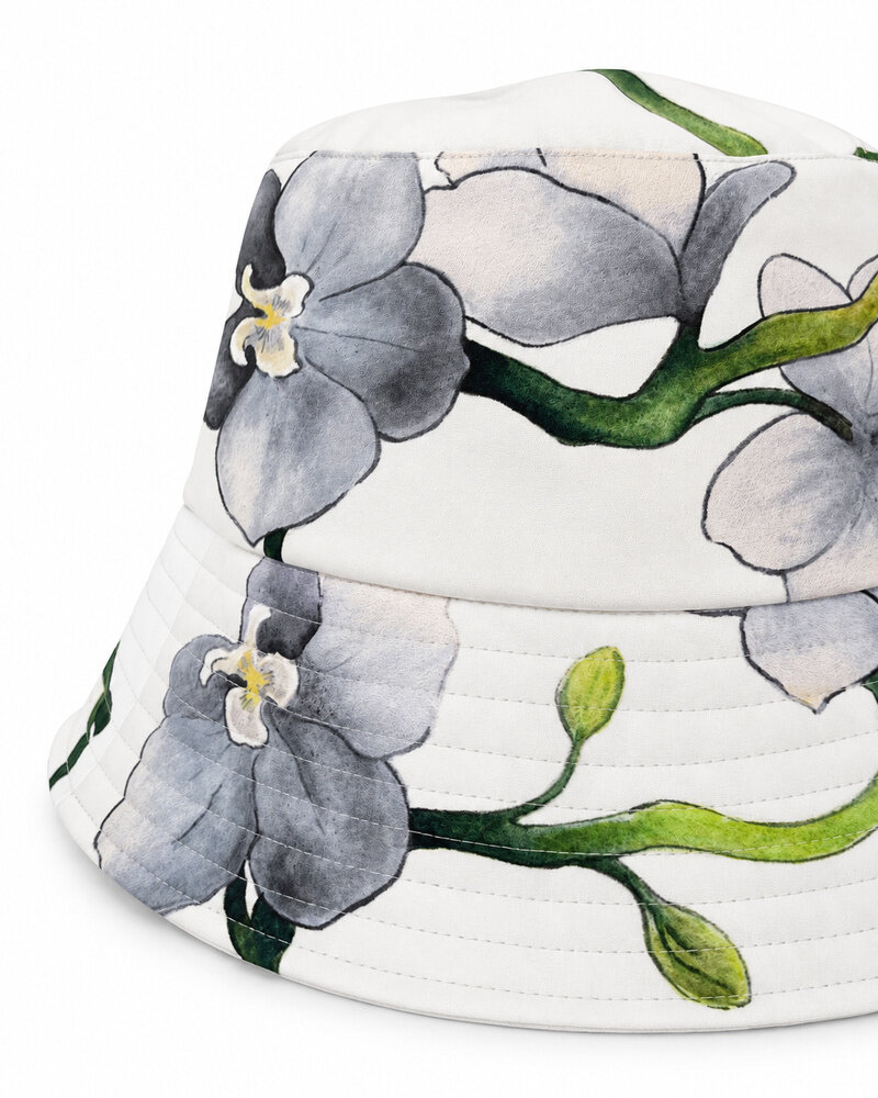 PRINTED COTTON  BUCKET HAT: BUTTERFLY ORCHID: SILVER