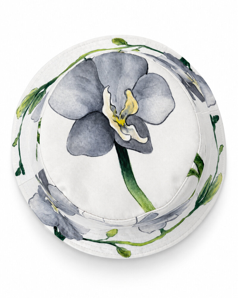 PRINTED COTTON  BUCKET HAT: BUTTERFLY ORCHID: SILVER