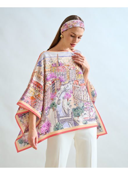 CASHMERE PRINTED PONCHO: PARIS: PINK