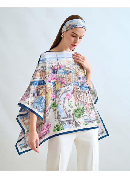 CASHMERE PRINTED PONCHO: PARIS: LIGHT BLUE
