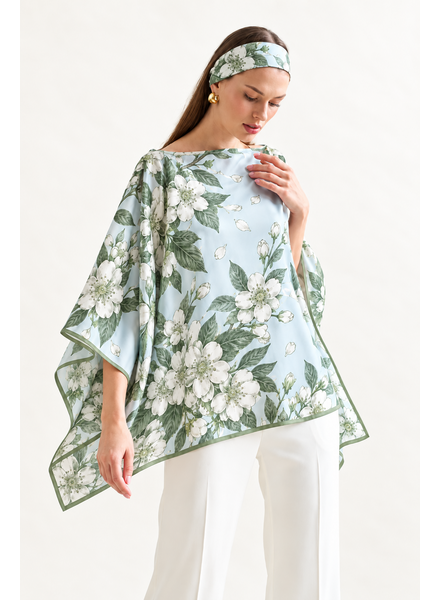 CASHMERE PRINTED PONCHO: APPLE BLOSSOMS: LIGHT BLUE