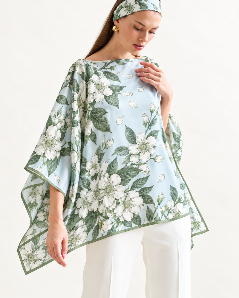 CASHMERE PRINTED PONCHO: APPLE BLOSSOMS: LIGHT BLUE