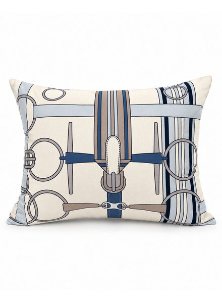 SILK QUILTED PILLOW: SADDLE EQUESTRIAN PRINT: BLUE 16"X20"
