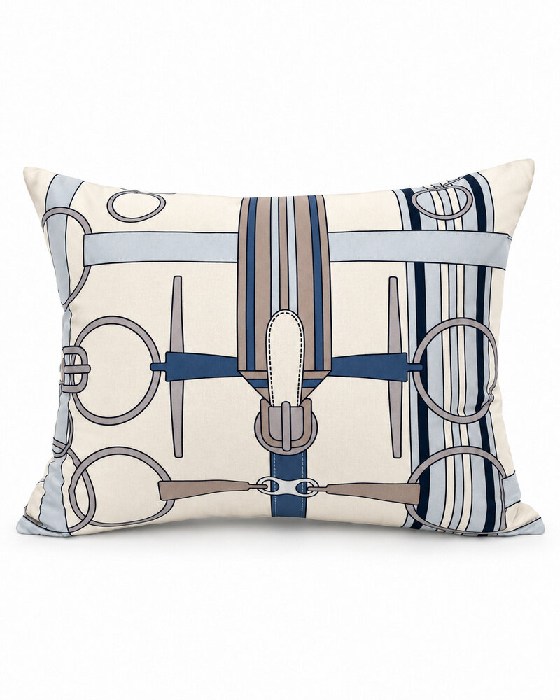 SILK QUILTED PILLOW: SADDLE EQUESTRIAN PRINT: BLUE 16"X20"