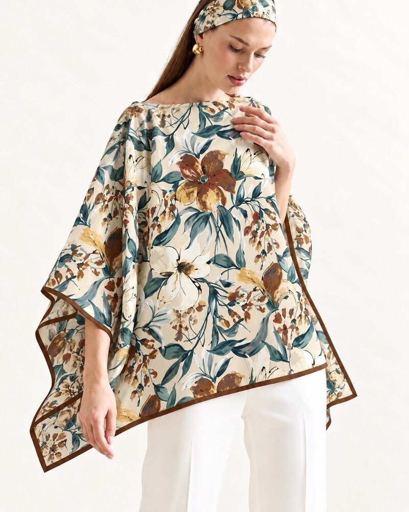 CASHMERE PRINTED PONCHO: SICILY BEIGE