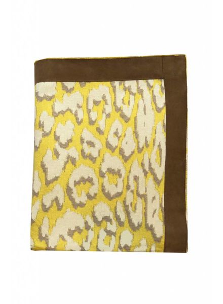 COTTON KNITTED LEOPARD THROW WITH SUEDE BORDER: 52" x 75" :  YELLOW