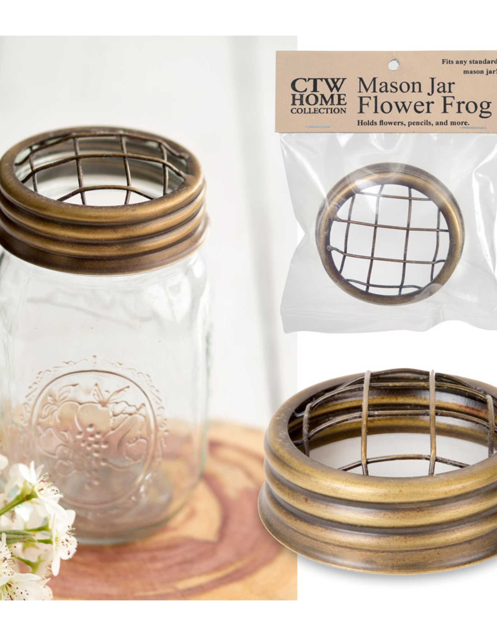 Mason Jar Flower Frog Lid - Antique Brass