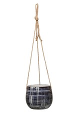 Hanging Stoneware Planter w/ Pattern & Jute Hanger, 6"  Blue (Holds 5" Pot)