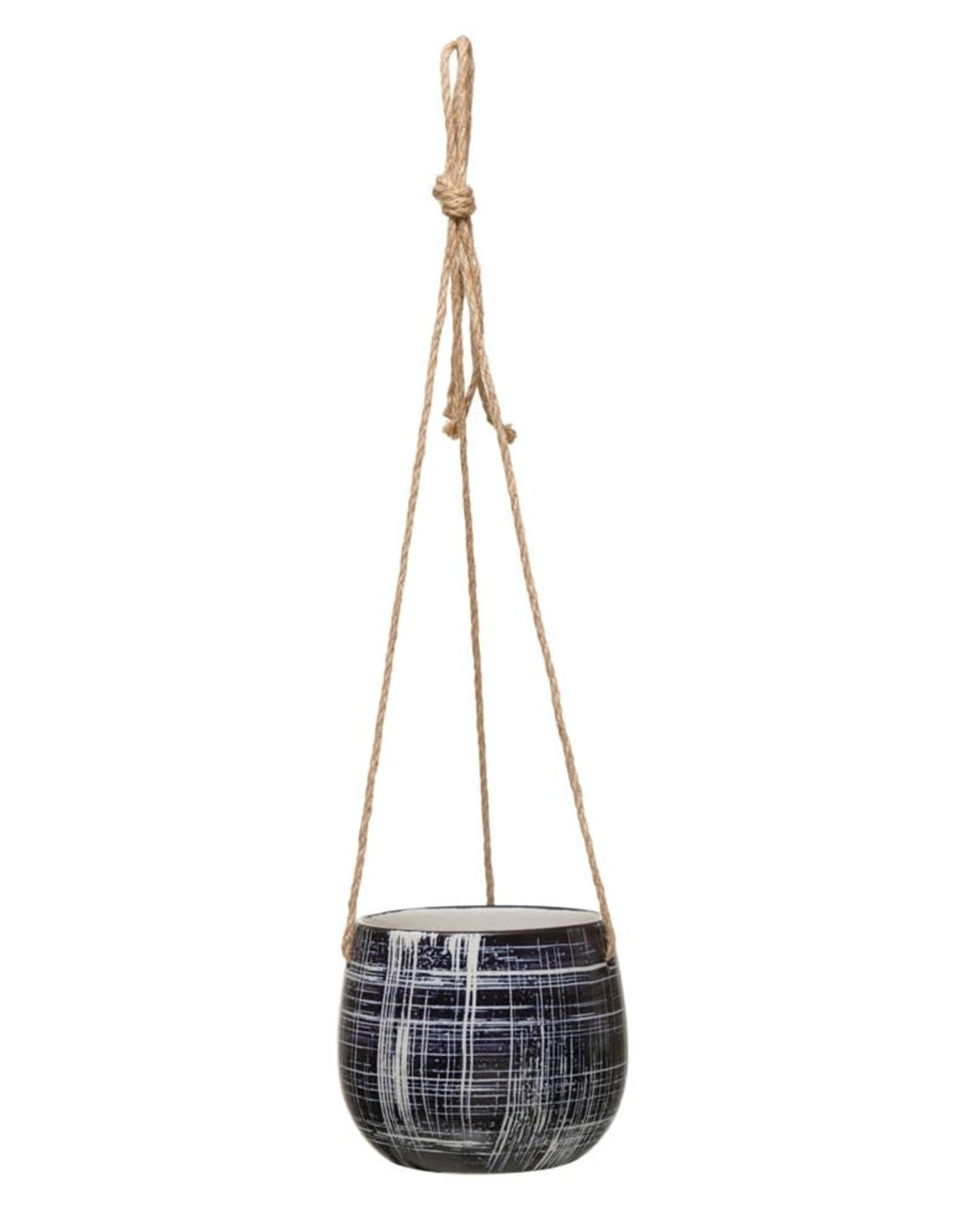 Hanging Stoneware Planter w/ Pattern & Jute Hanger, 6"  Blue (Holds 5" Pot)