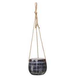 Hanging Stoneware Planter w/ Pattern & Jute Hanger, 6"  Blue (Holds 5" Pot)