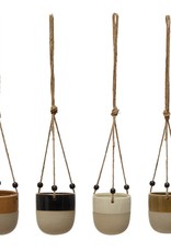 Stoneware Glaze/Matte Hanging Planter w/ Wood Beads, 4 Colors (Holds 4" Pot)