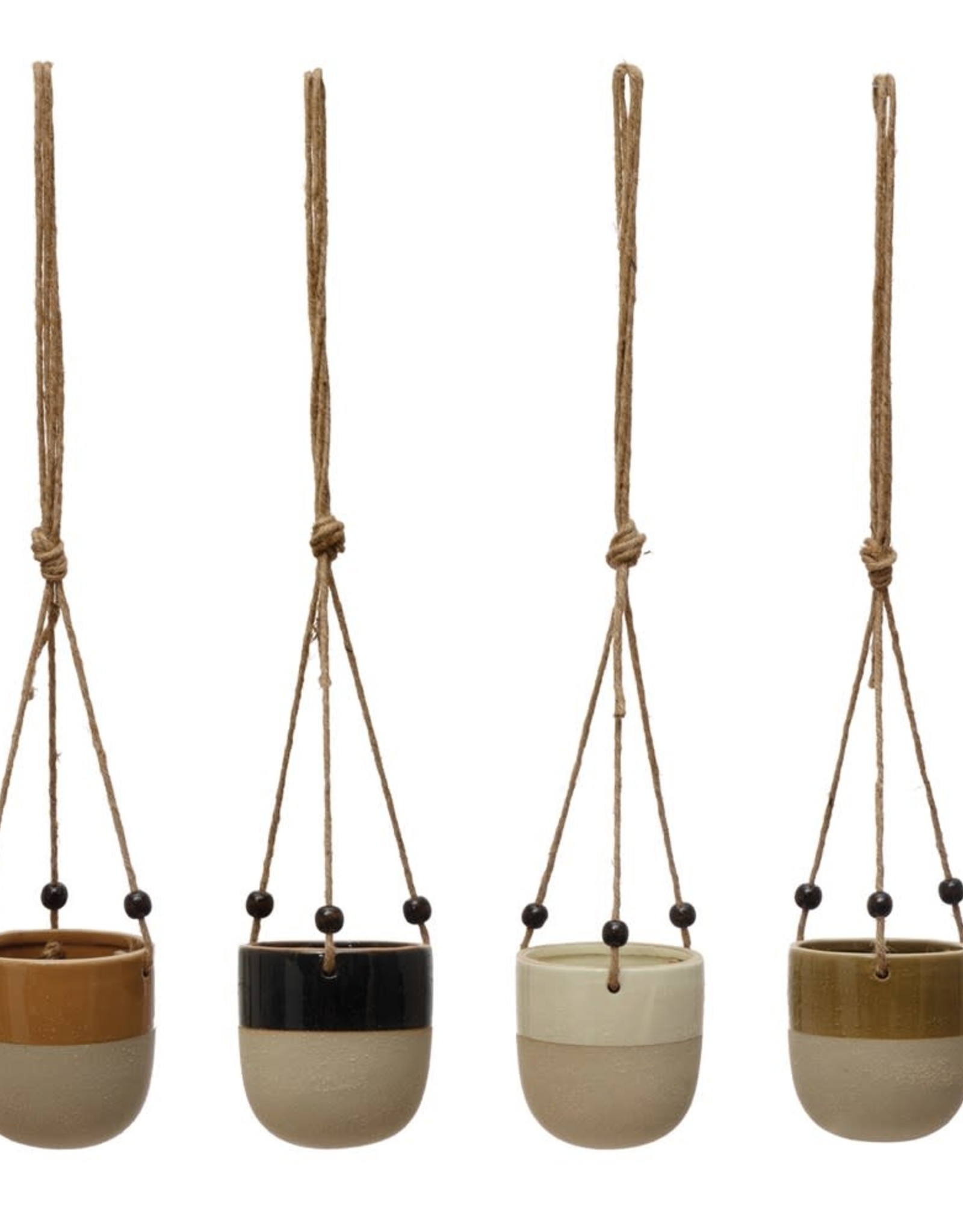 Stoneware Glaze/Matte Hanging Planter w/ Wood Beads, 4 Colors (Holds 4" Pot)