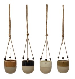 Stoneware Glaze/Matte Hanging Planter w/ Wood Beads, 4 Colors (Holds 4" Pot)