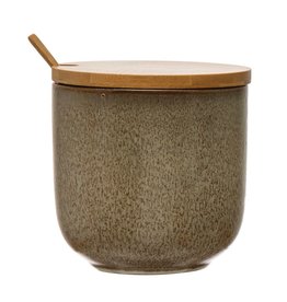 Stoneware Jar w/ Bamboo Lid & Spoon, Reactive Glaze, Brown, Set of 2 (Each Varies)