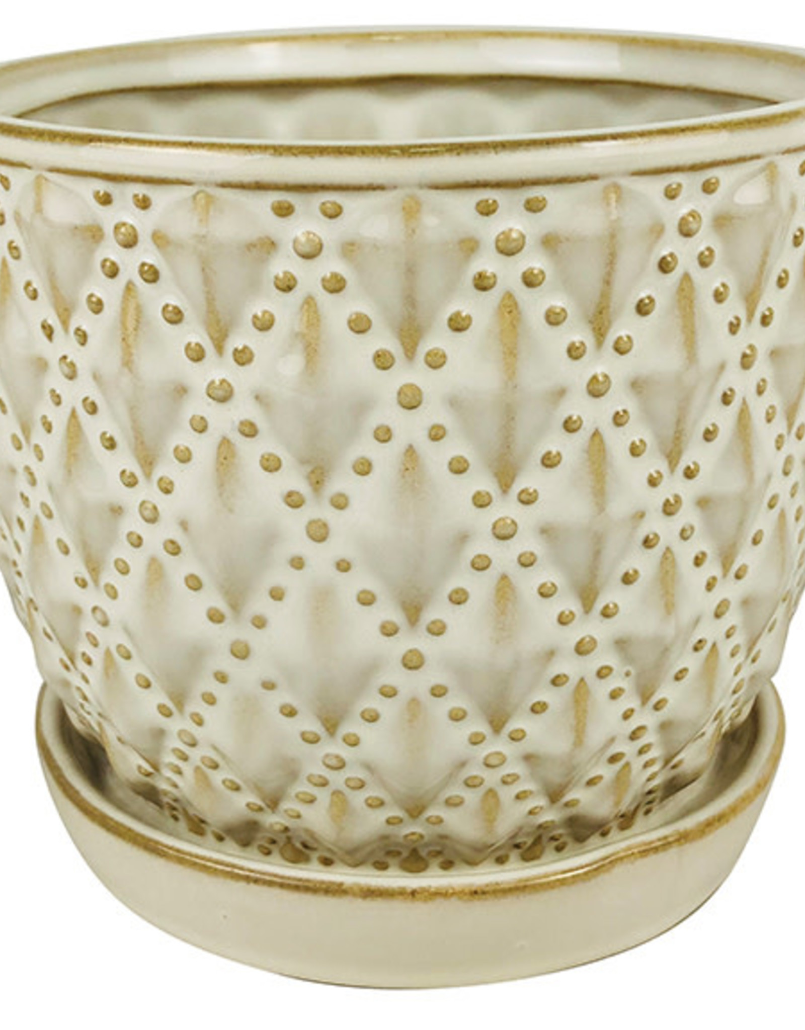 Beaded Diagonal Planter with Attached Saucer White 10.25"