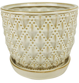 Beaded Diagonal Planter with Attached Saucer White 10.25"