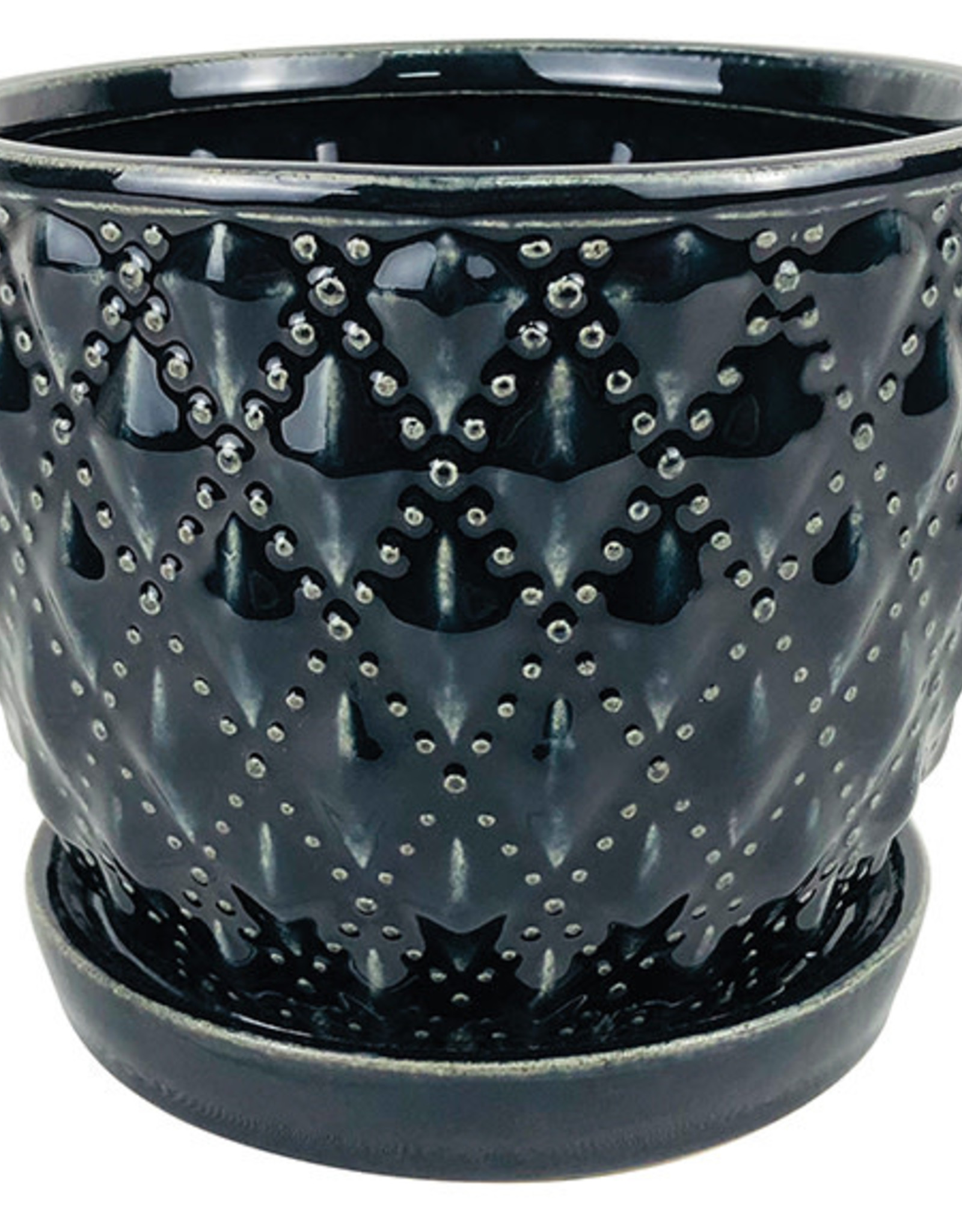 Beaded Diagonal Planter with Attached Saucer Black 5.5"