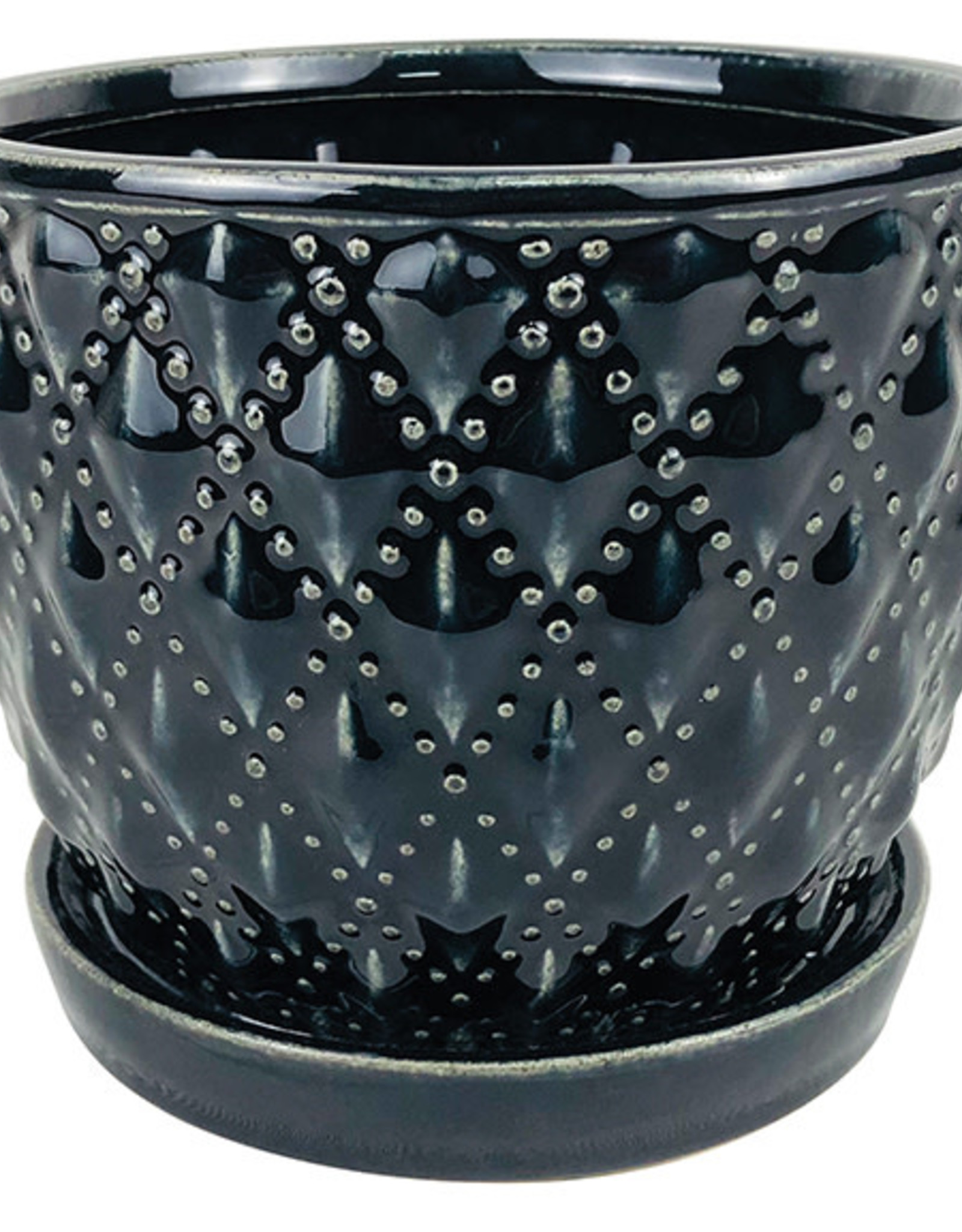 Beaded Diagonal Planter with Attached Saucer Black 10.25"