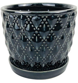 Beaded Diagonal Planter with Attached Saucer Black 10.25"