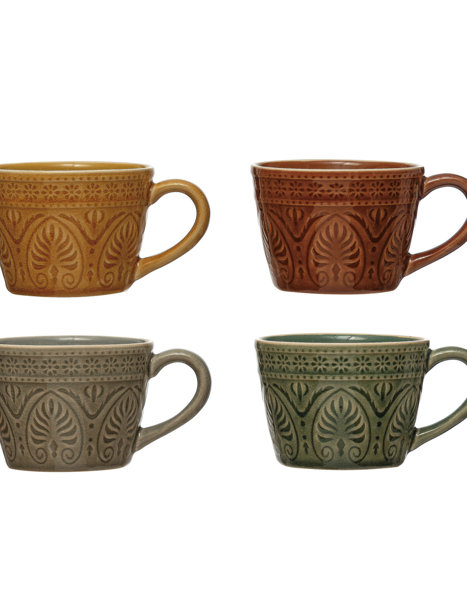 Debossed Stoneware Mug, Crackle Glaze, 4 Colors 12 oz
