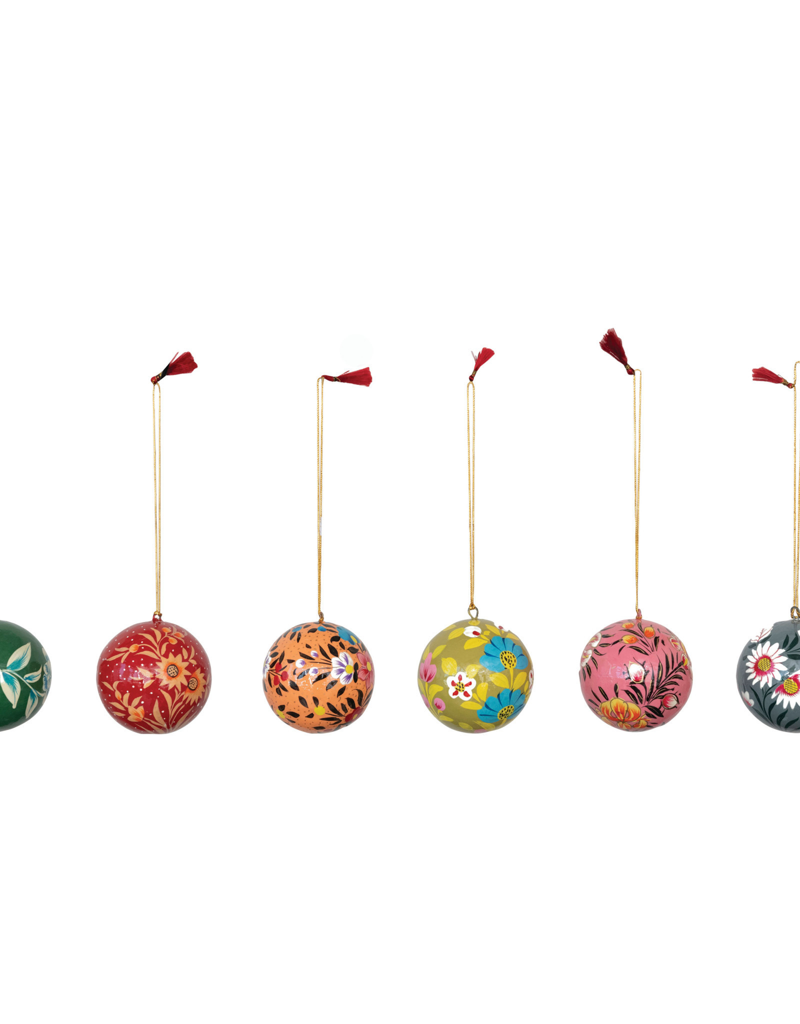 Hand-Painted Paper Mache Ball Ornament with Florals, Multi Color, 6 Styles 3" Round, Sold Individually