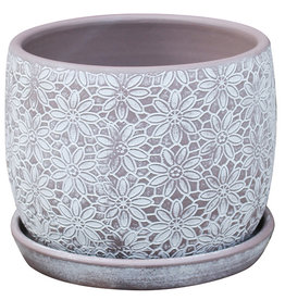 Floral Lace Stamp Planter with Attached Saucer - Lavender 7" x 6"