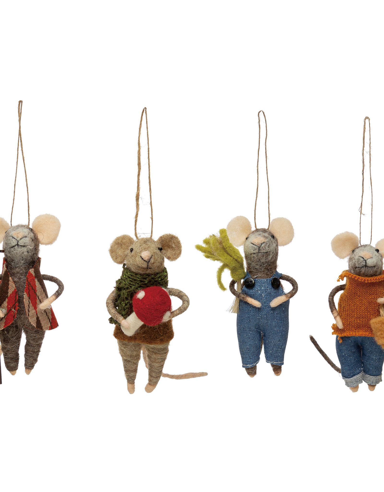 Wool Felt Gardening Mouse Ornament, Multi Color, 4 Styles 5"H