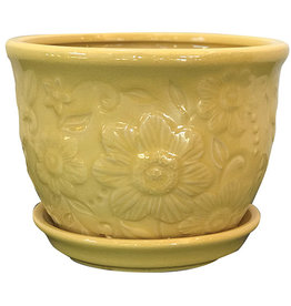 Wildflower Planter with Attached Saucer - Yellow 8"x6"