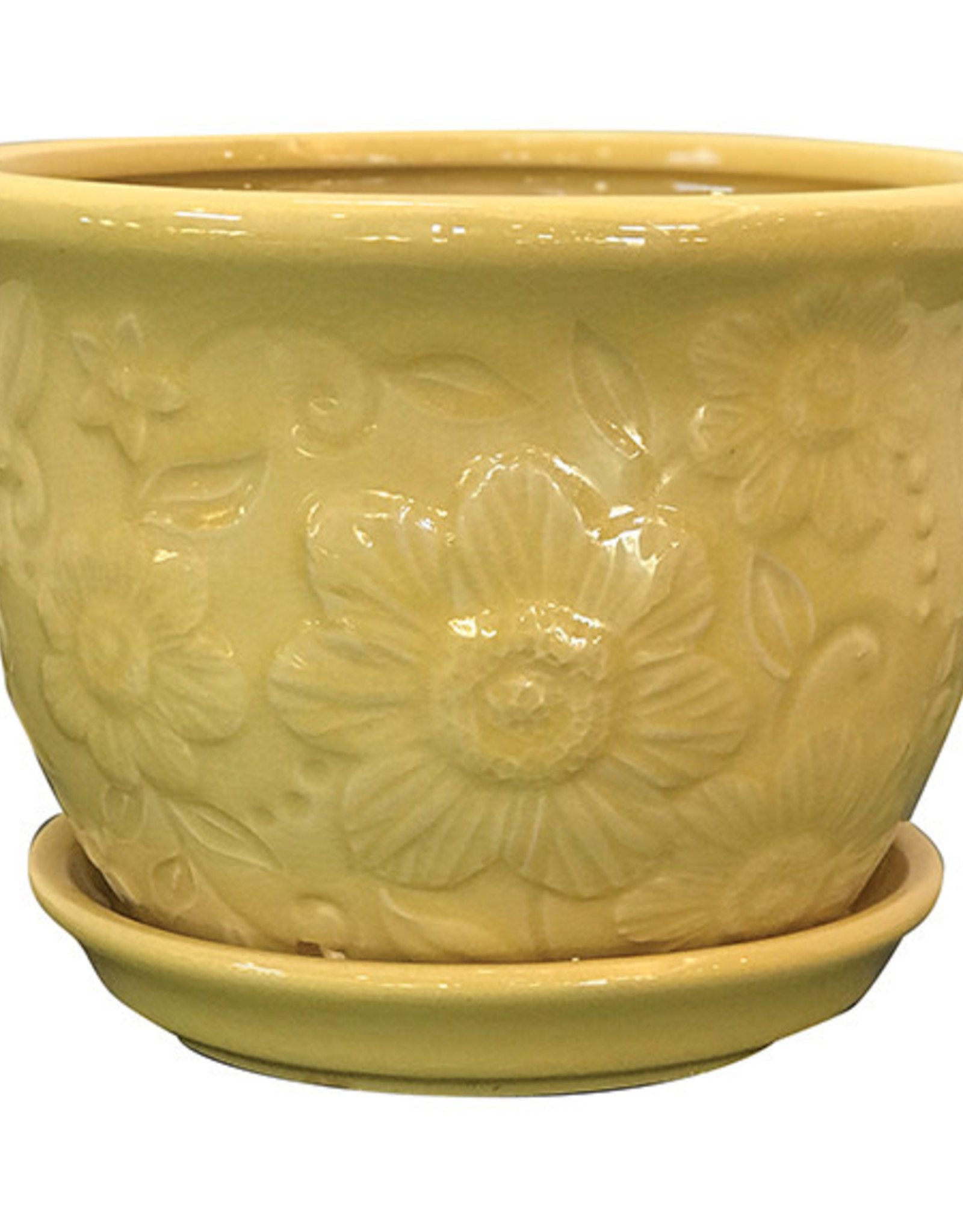 Wildflower Planter with Attached Saucer - Yellow 6"x4.5"