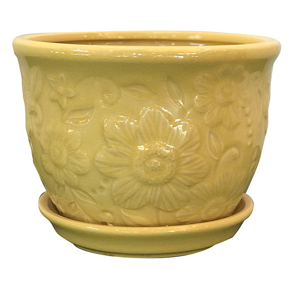 Wildflower Planter with Attached Saucer Yellow 6"x4.5" Wagon Wheel