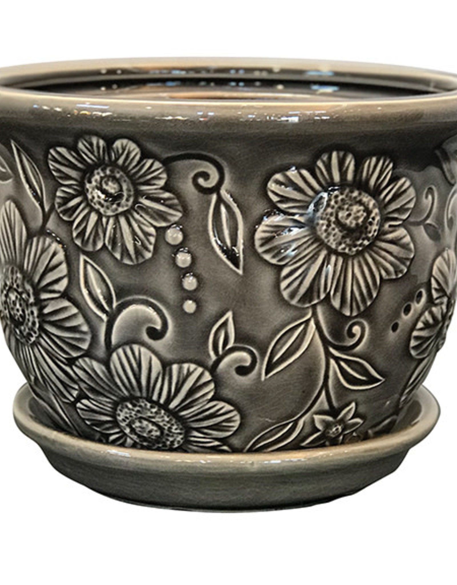 Wildflower Planter w/Attached saucer Grey 8"