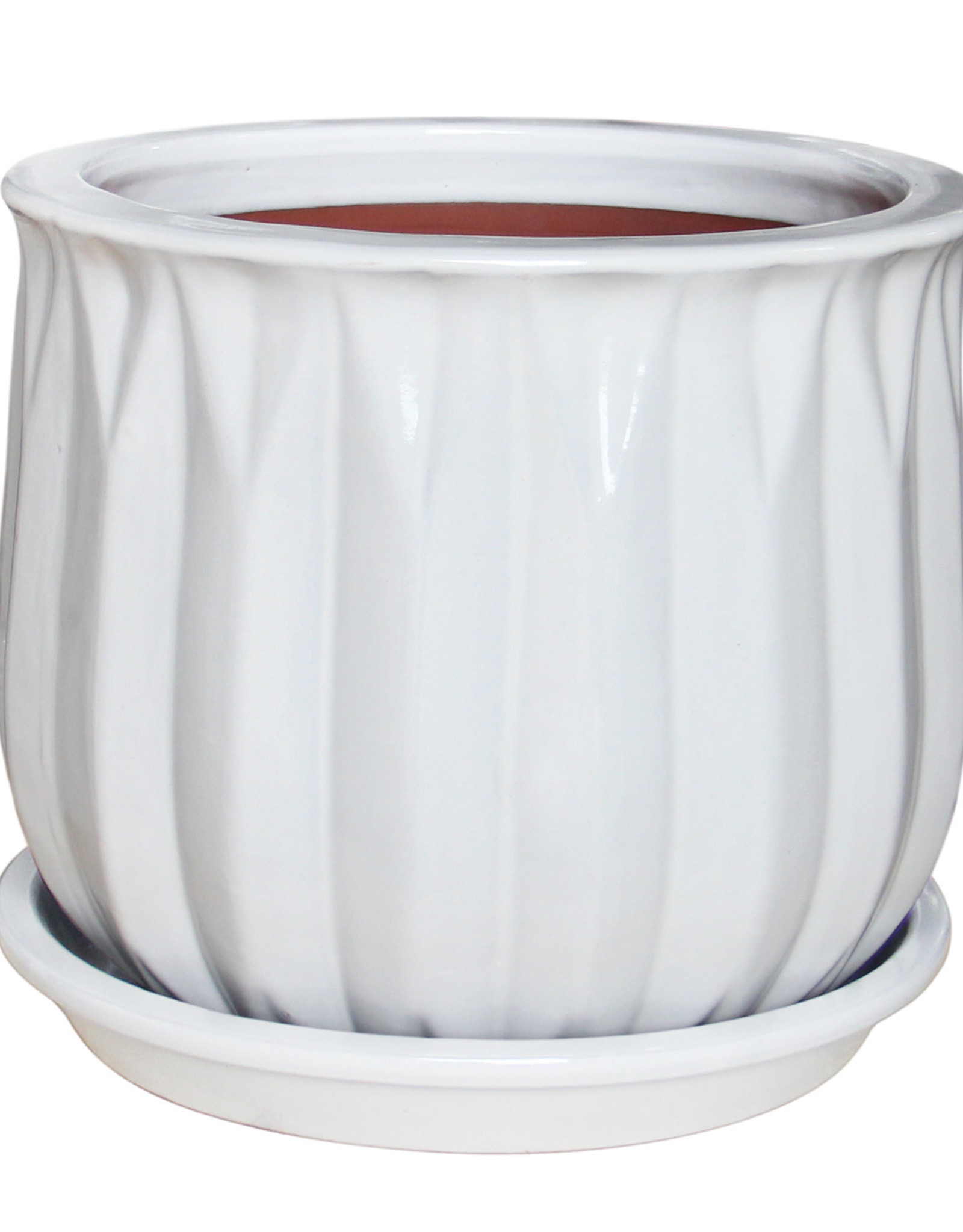 Faceted Bell Planter With Attached Saucer 8.25" x 6.75" White Wagon Wheel