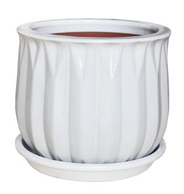 Faceted Bell Planter With Attached Saucer 14.5" x 12.5" White