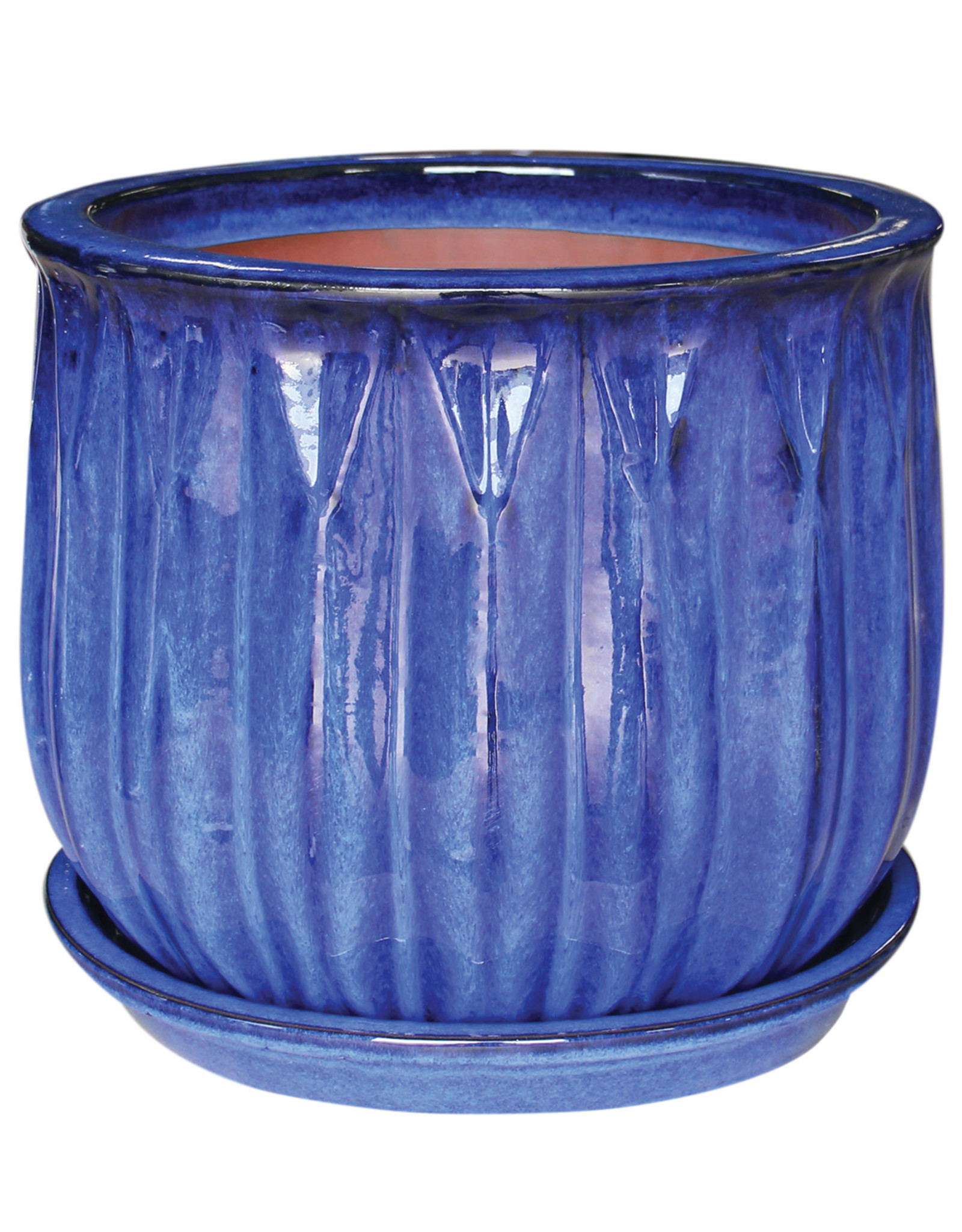 Faceted Bell Planter With Attached Saucer 8.25" x 6.75" Blue
