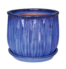Faceted Bell Planter With Attached Saucer 8.25" x 6.75" Blue