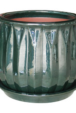Faceted Bell Planter With Attached Saucer 8.25" x 6.75" Green