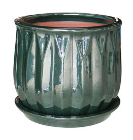 Faceted Bell Planter With Attached Saucer 8.25" x 6.75" Green