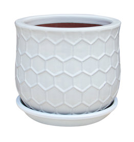 Honeycomb Bell Planter With Attached Saucer 8.25" x 6.75" White