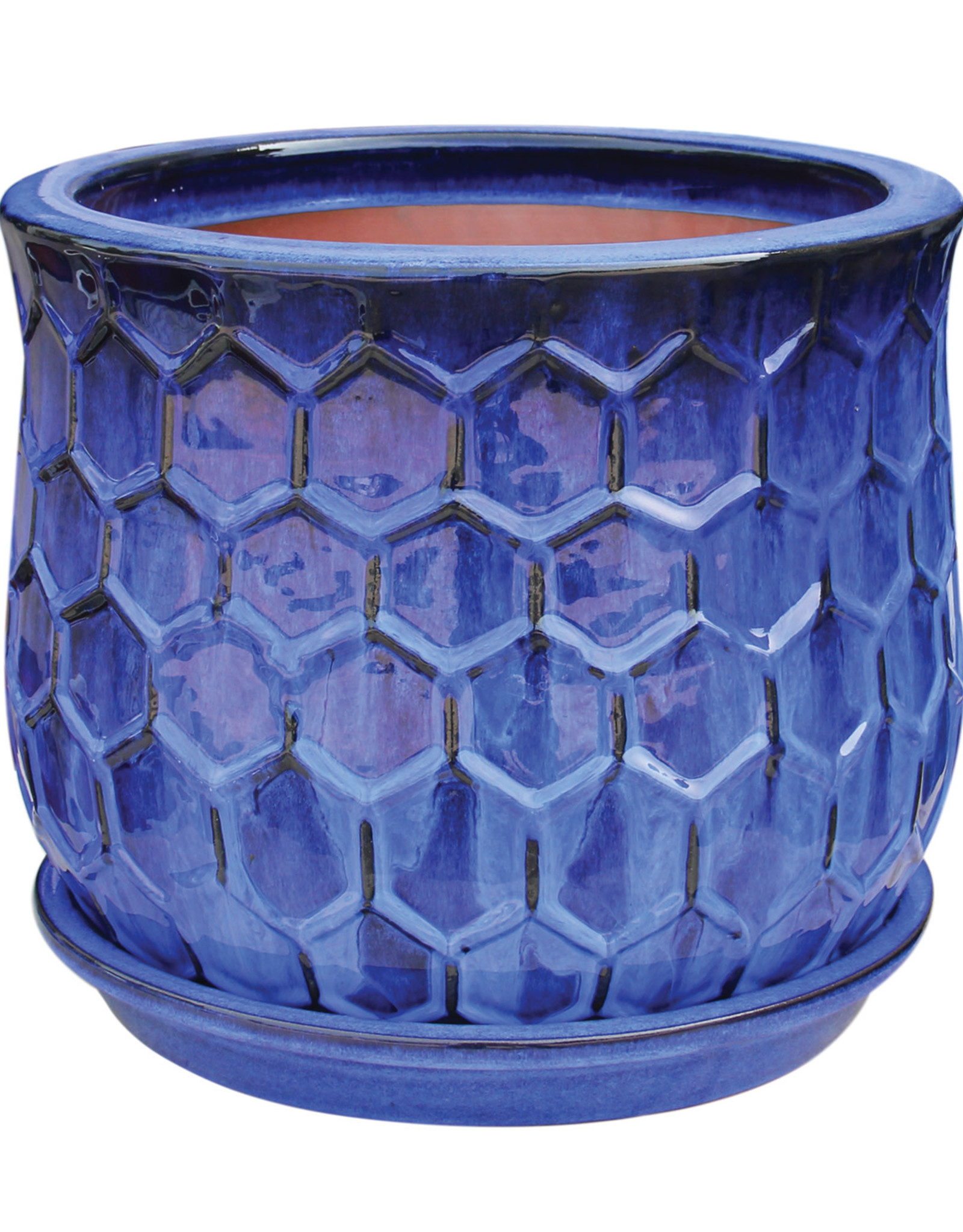 Honeycomb Bell Planter With Attached Saucer 8.25" x 6.75" Blue
