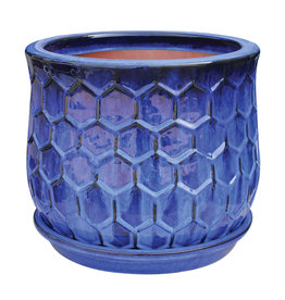 Honeycomb Bell Planter With Attached Saucer 14.5" x 12.5" Blue