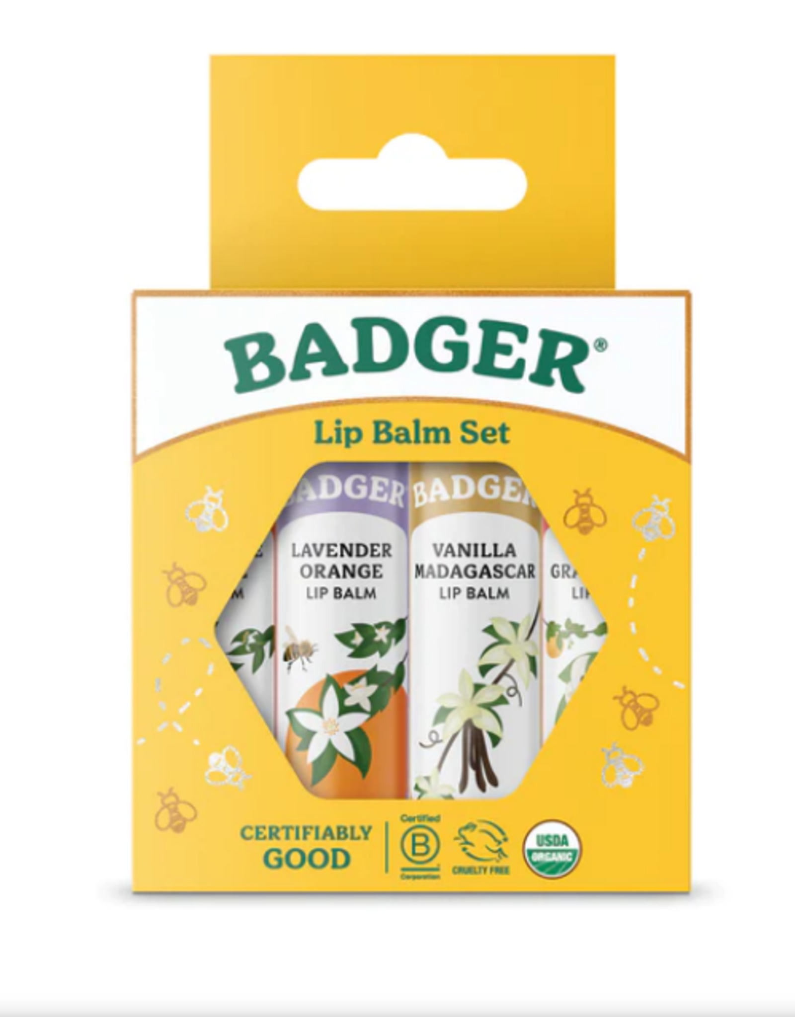 Badger Classic Lip Gold 4PK - (Contains 4 .15oz sticks: Tangerine Breeze, Lavender & Orange, Vanilla Madagascar and Pink Grapefuit Sticks)