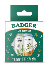 Badger Classic Lip Green 4PK - (Contains 4 .15oz sticks: Unscented, Tangerine Breeze, Highland Mint, and Tea Tree Lemon Balm Sticks)