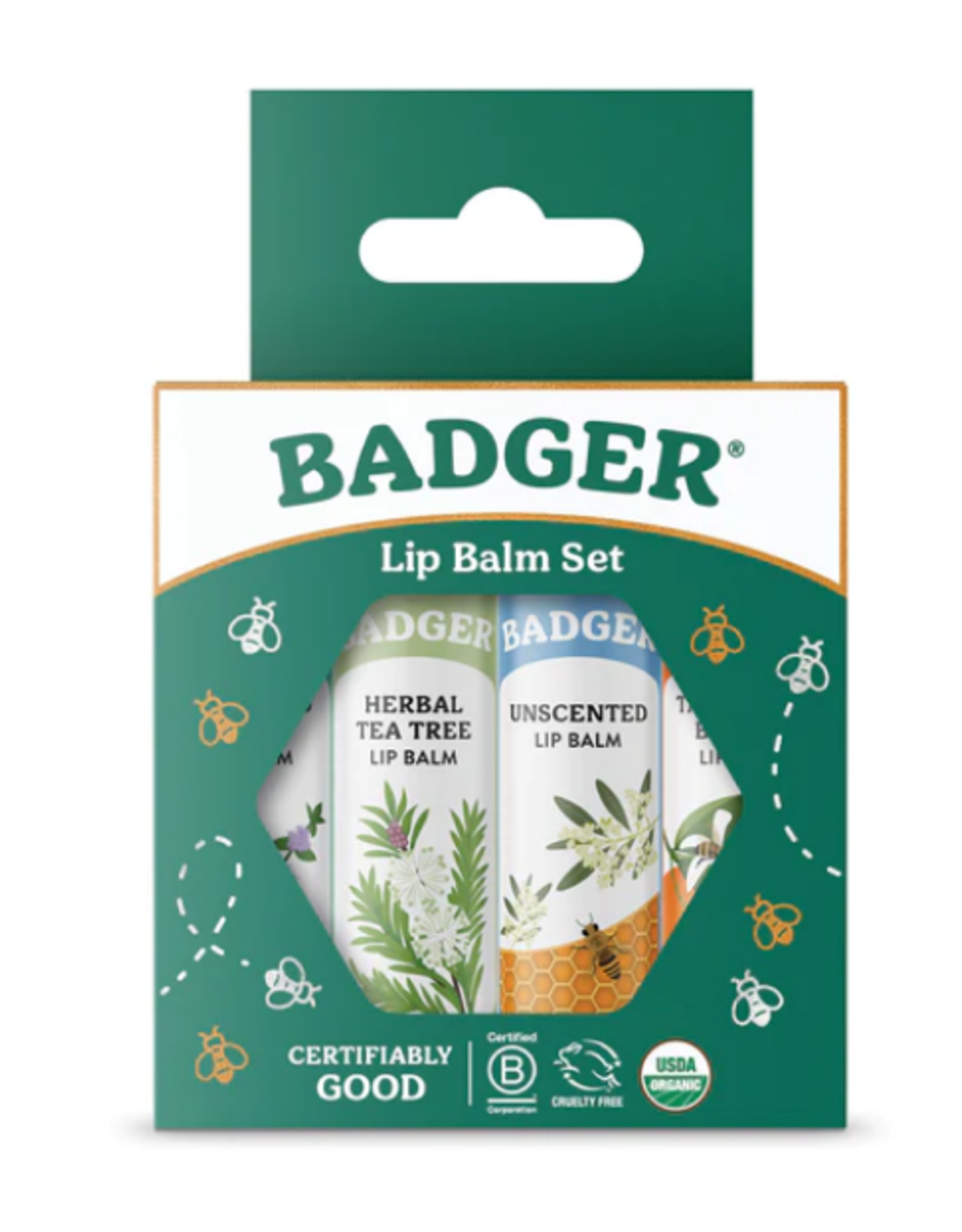 Badger Classic Lip Green 4PK - (Contains 4 .15oz sticks: Unscented, Tangerine Breeze, Highland Mint, and Tea Tree Lemon Balm Sticks)