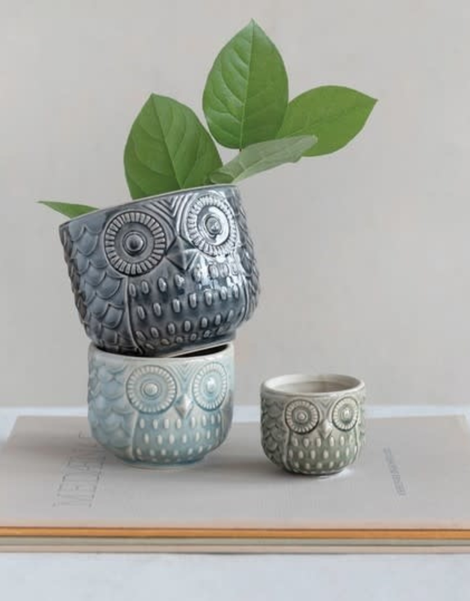 Decorative Stoneware Owl Planter Med.  4" (holds 3" pot)
