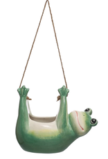 Hanging Ceramic Frog Planter w/ Jute Rope Hanger, Green & White