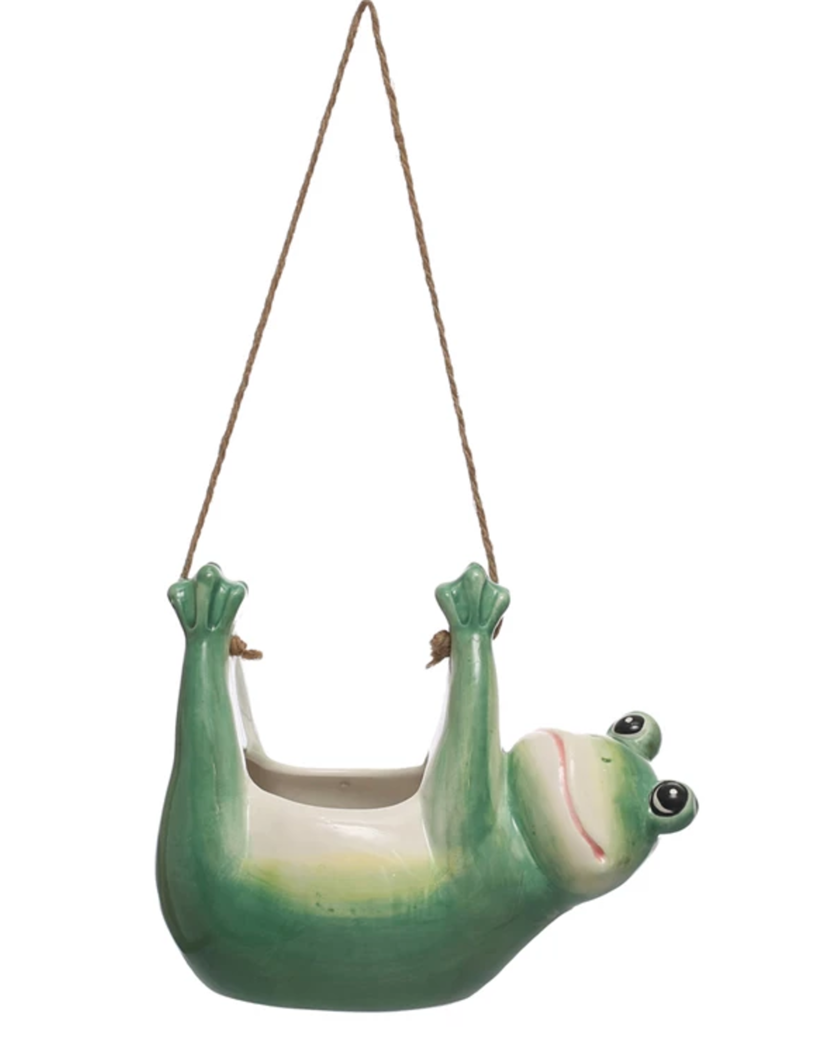 Hanging Ceramic Frog Planter w/ Jute Rope Hanger, Green & White